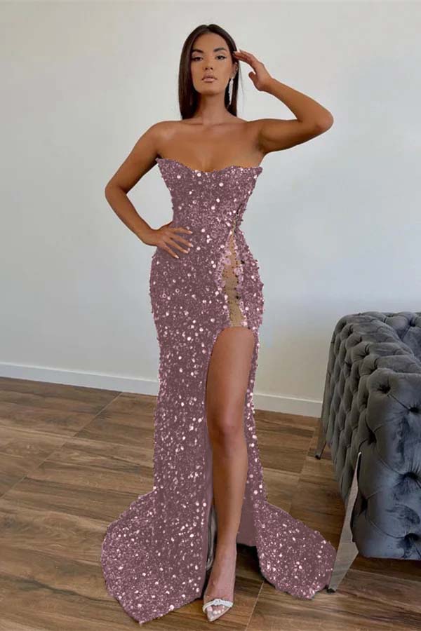 Chic Sequined Long Strapless A-line Evening Prom Dresses with Front Slit
