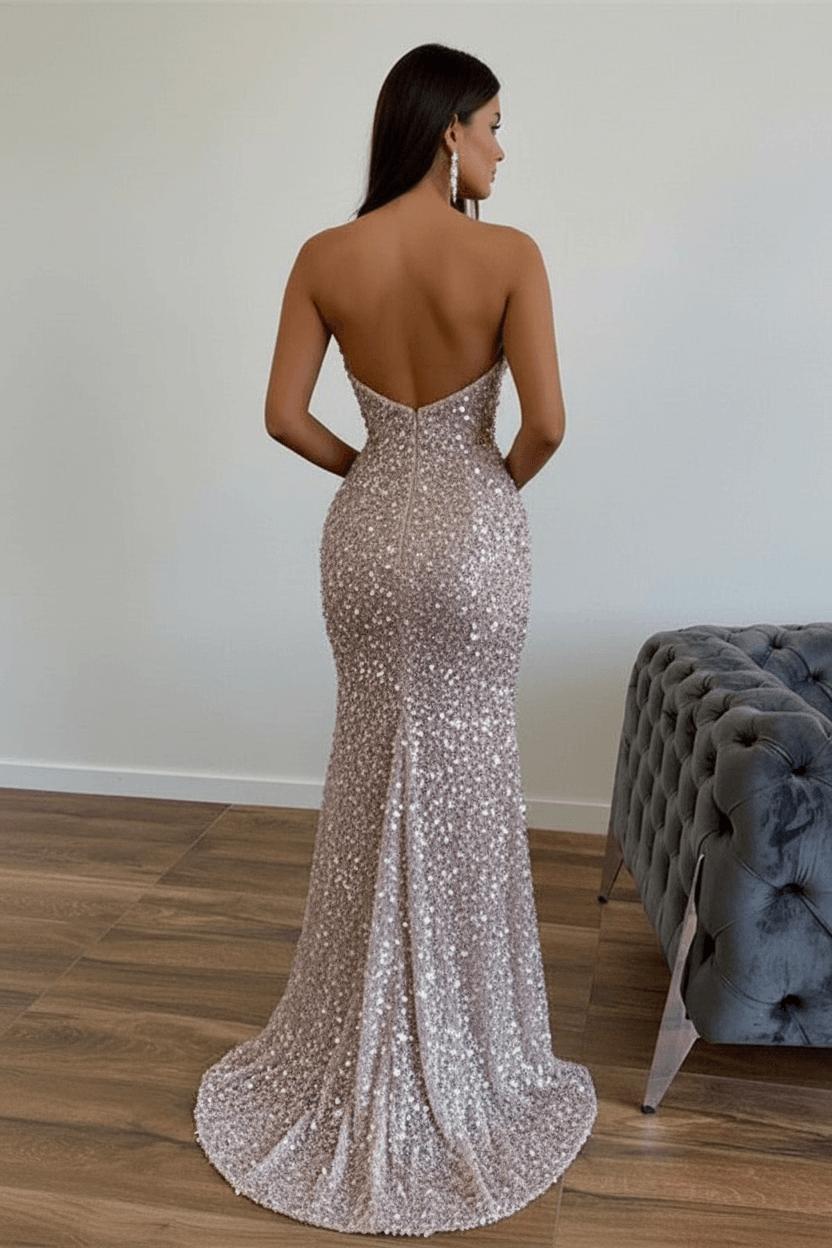 Chic Sequined Long Strapless A-line Evening Prom Dresses with Front Slit