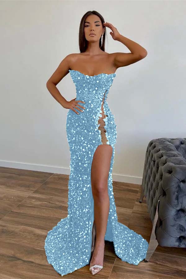 Chic Sequined Long Strapless A-line Evening Prom Dresses with Front Slit