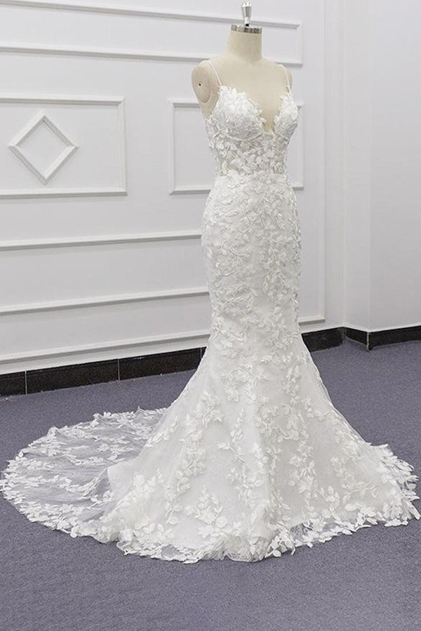 Chic Spaghetti Straps Sleeveless Mermaid Beach Wedding Dress | White Lace Bridal Gowns With Appliques
