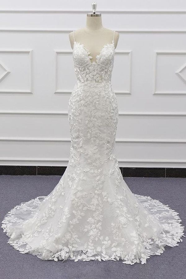 Chic Spaghetti Straps Sleeveless Mermaid Beach Wedding Dress | White Lace Bridal Gowns With Appliques