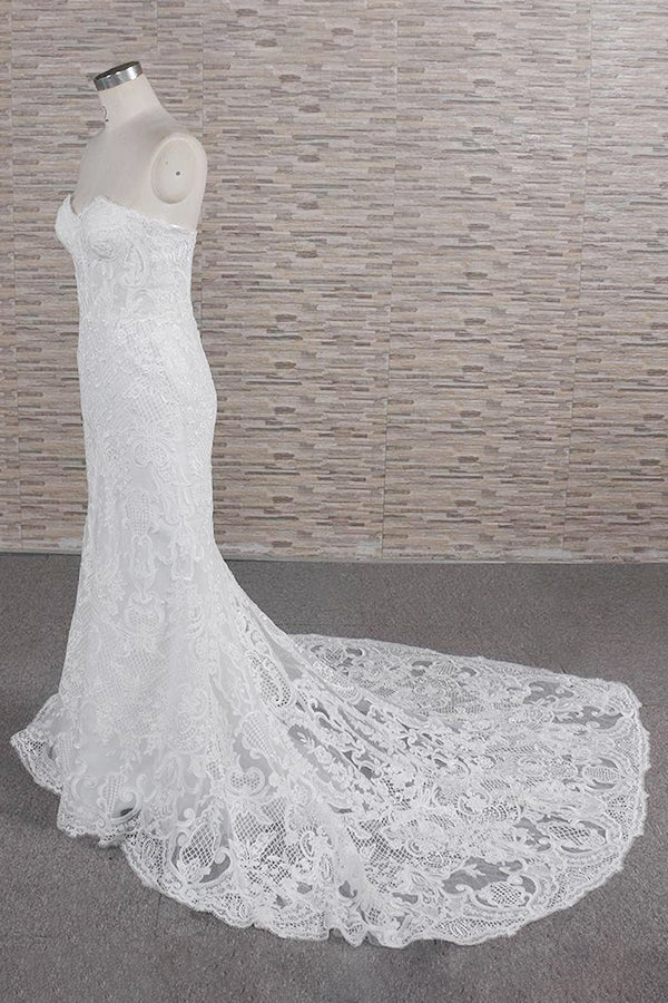 Chic Sweetheart Mermaid Lace Beach Wedding Dress | White Sleeveless Bridal Gowns With Appliques
