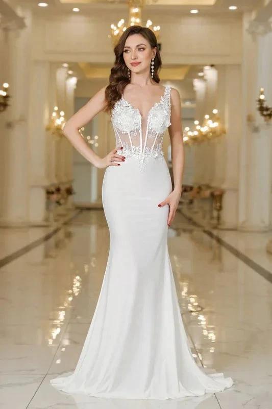 Chic V-Neck Mermaid Wedding Dress White Lace Appliques Bridal Gown with Pearls (ZD15649)