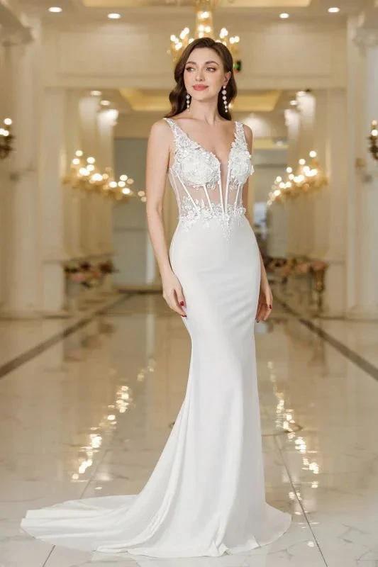Chic V-Neck Mermaid Wedding Dress White Lace Appliques Bridal Gown with Pearls (ZD15649) - VelvetHem