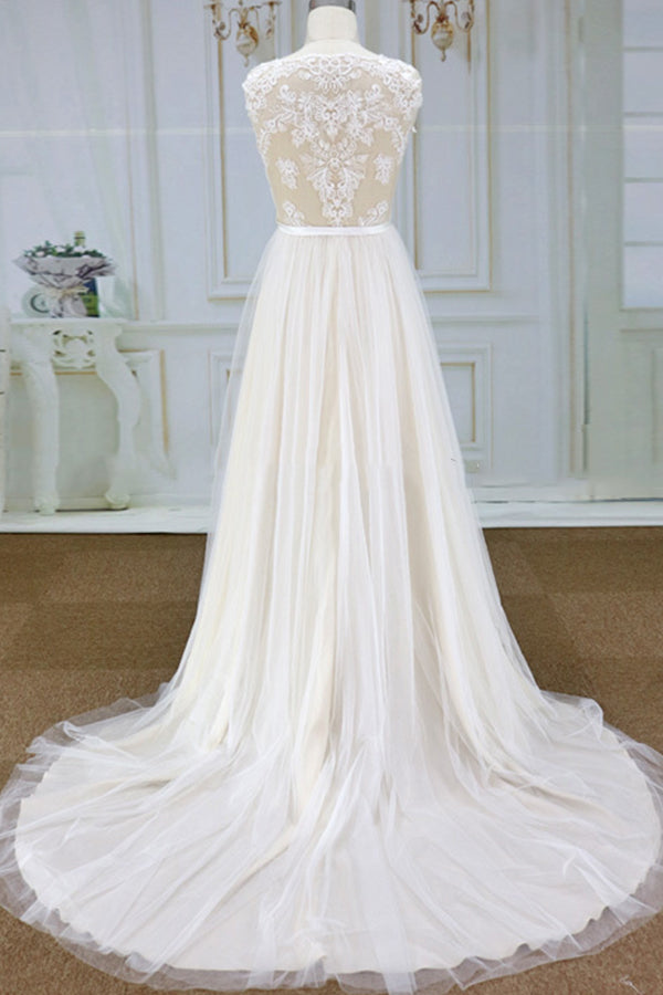 Chic V-neck Straps Sleeveless Wedding Dress | A-line Tulle Ruffles Bridal Champagne Gowns