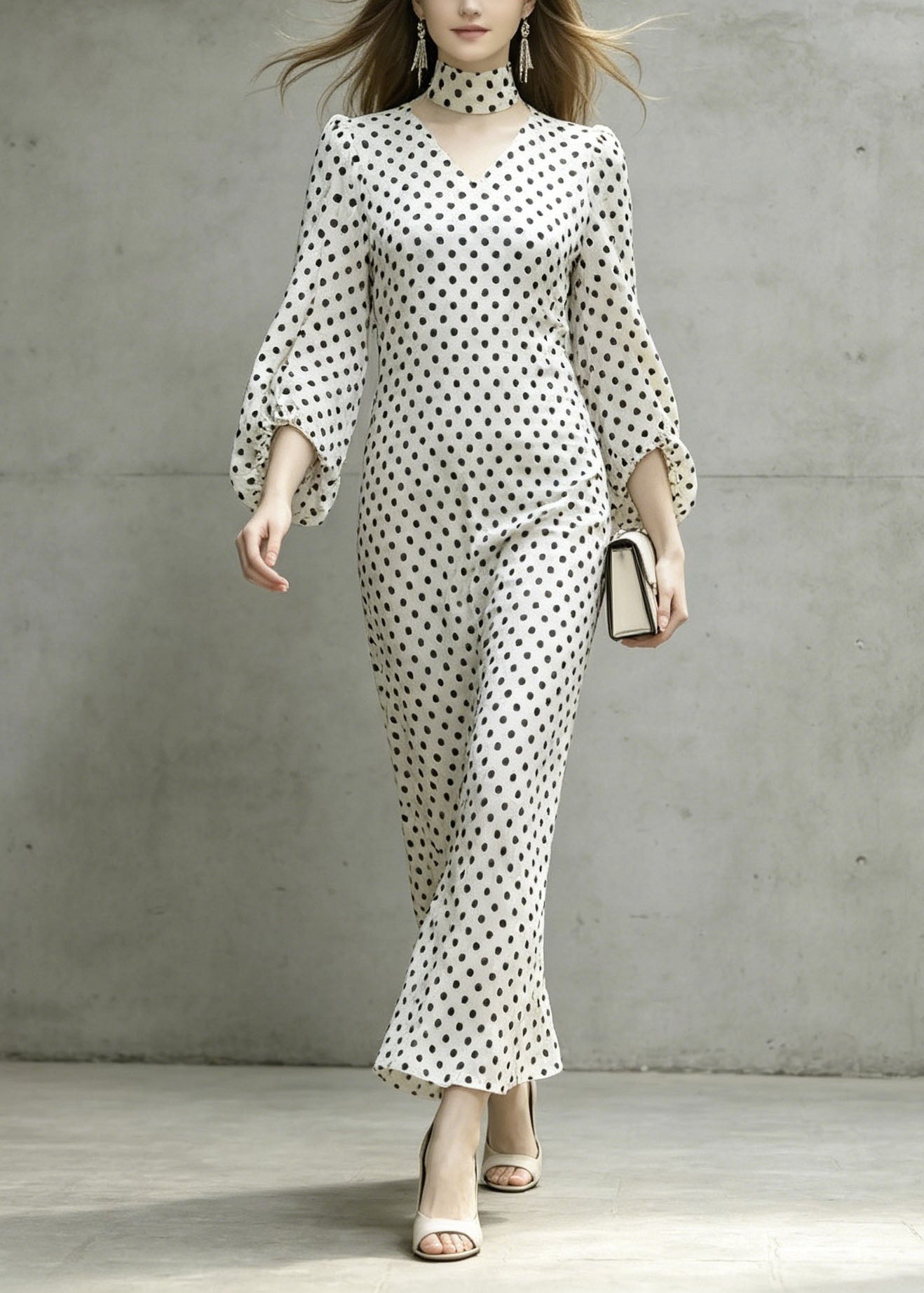 Chic White V Neck Dot Print Chiffon Dresses Lantern Sleeve