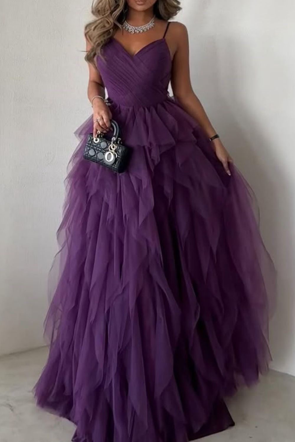 Chic A-Line Purple Spaghetti Straps Backless Long Ruffle Tulle Party Dress
