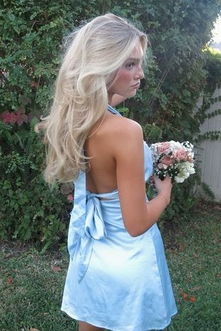 Cute A Line Halter Neck Light Blue Short Homecoming Dress with Open Back
