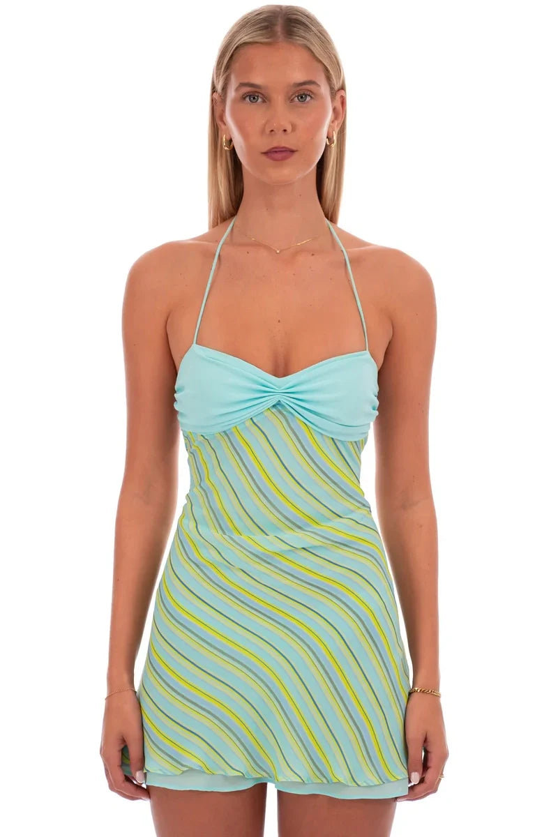 Chic A Line Halter Neck Light Green Short Homecoming Dress with Criss Cross Back