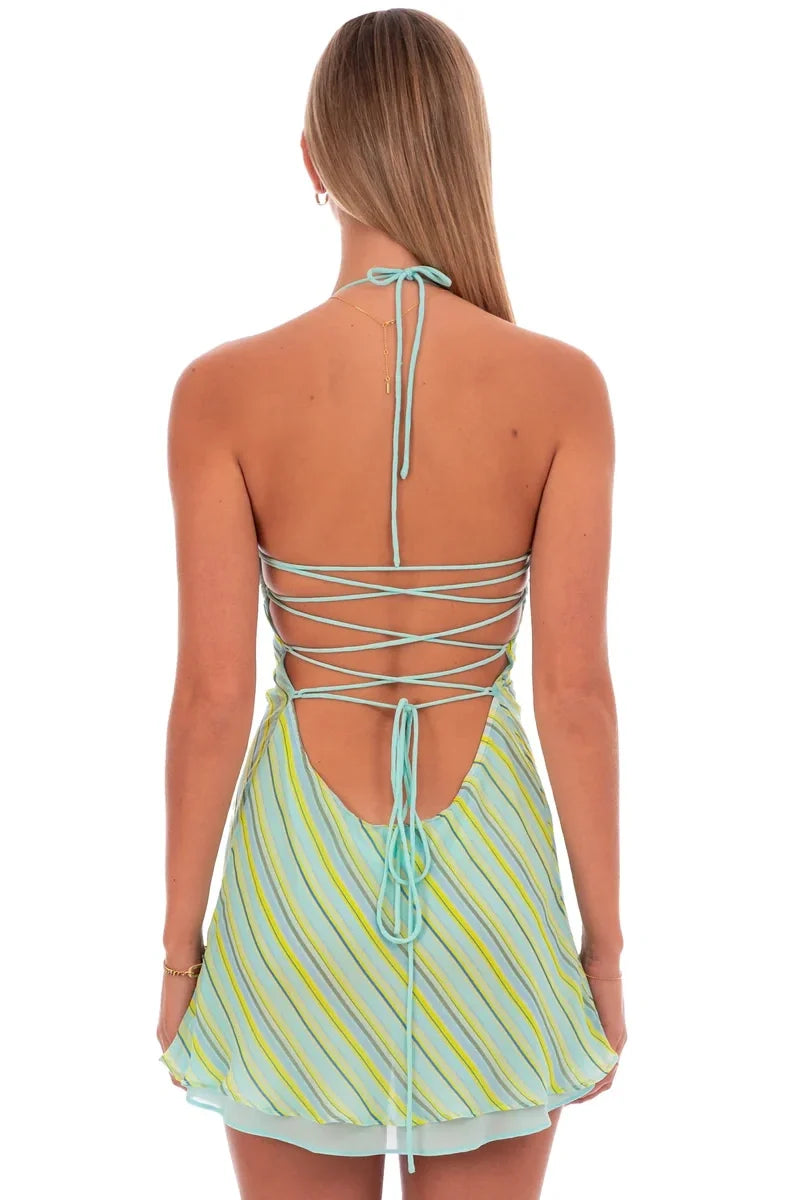 Chic A Line Halter Neck Light Green Short Homecoming Dress with Criss Cross Back