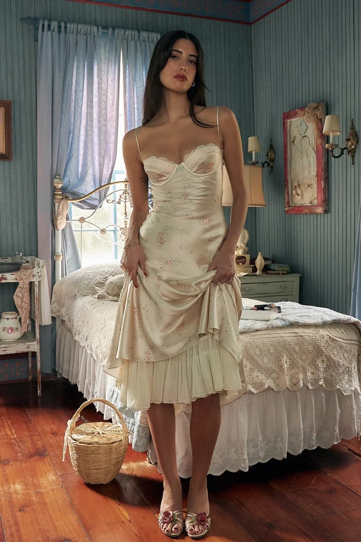 Chic A Line Spaghetti Straps Light Champagne Printed Tea Length Party Dress with Ruffles - VelvetHem