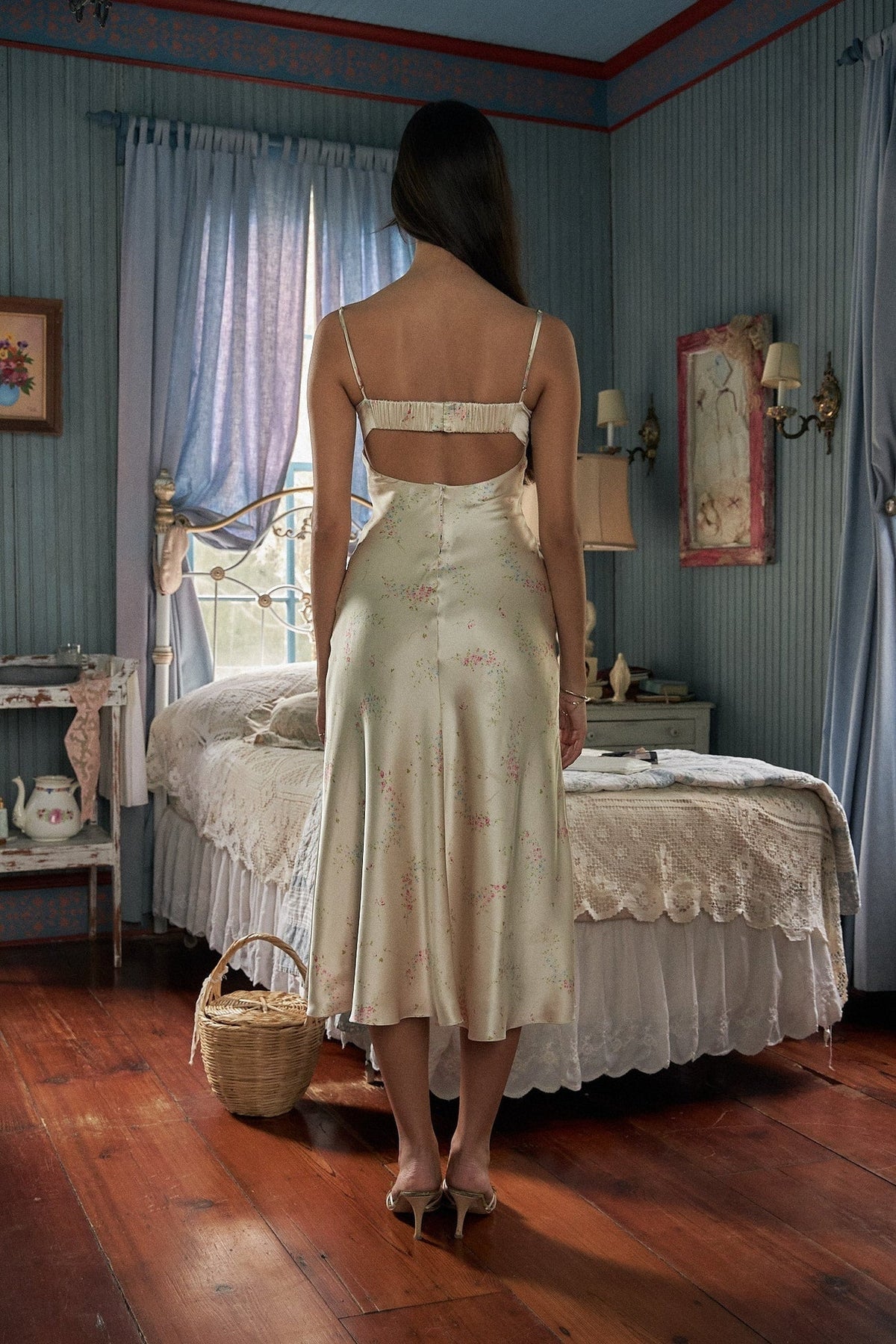 Chic A Line Spaghetti Straps Light Champagne Printed Tea Length Party Dress with Ruffles - View 2 | VelvetHem