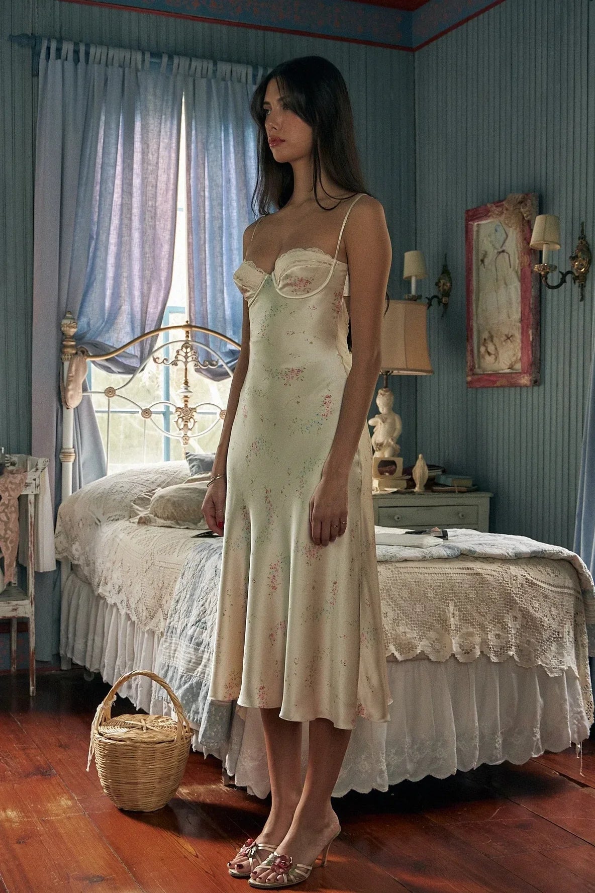 Chic A Line Spaghetti Straps Light Champagne Printed Tea Length Party Dress with Ruffles - View 4 | VelvetHem