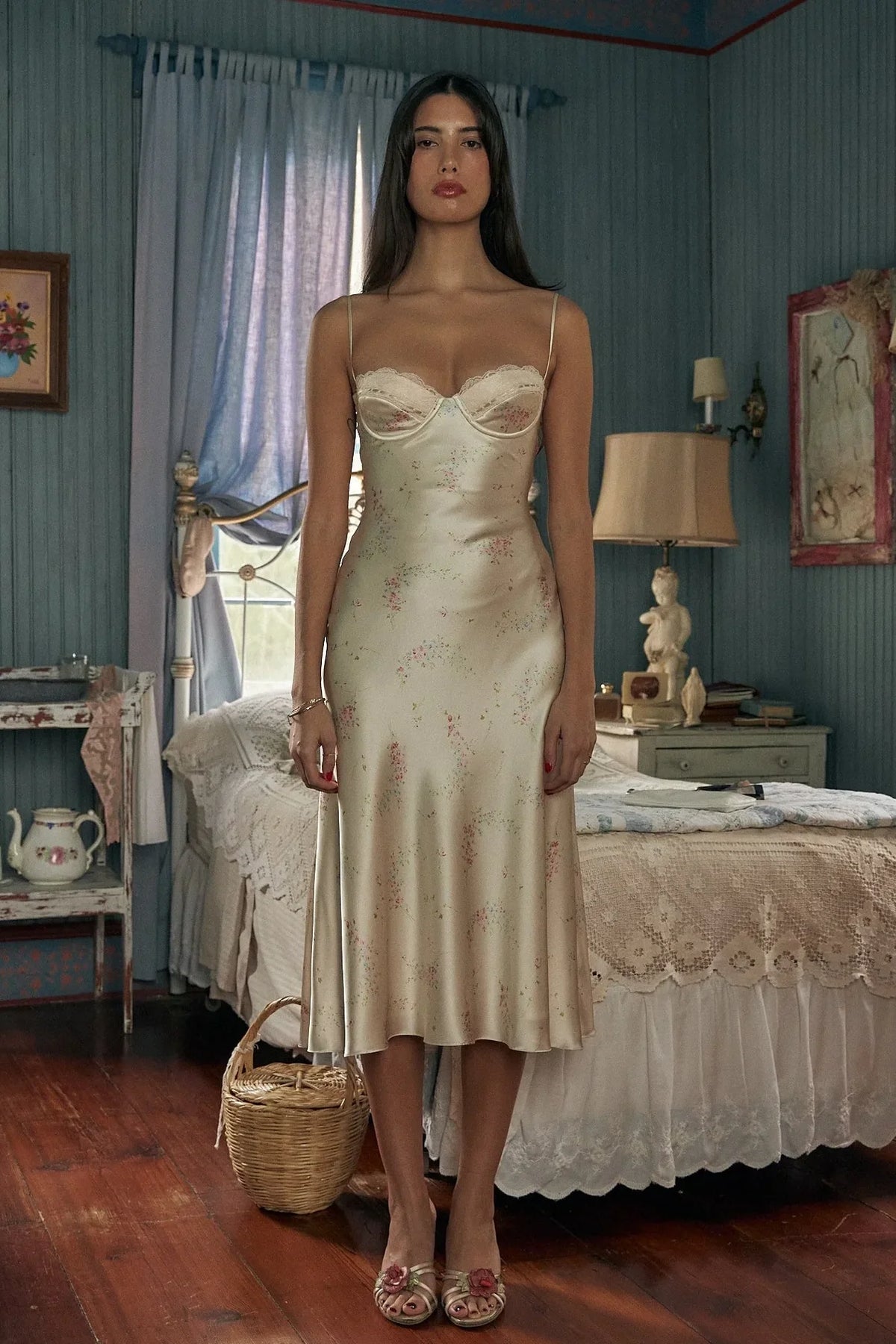 Chic A Line Spaghetti Straps Light Champagne Printed Tea Length Party Dress with Ruffles - View 3 | VelvetHem