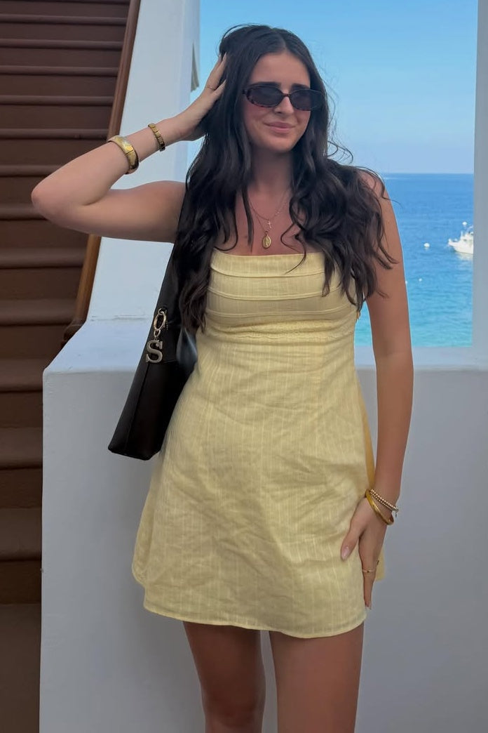 Chic A Line Square Neck Light Yellow Plaid Short Homecoming Dress