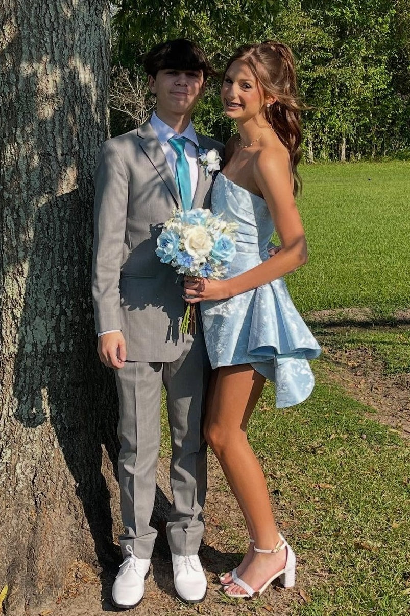 Sweet A Line Strapless Light Blue Printed Short Homecoming Dress with Ruched