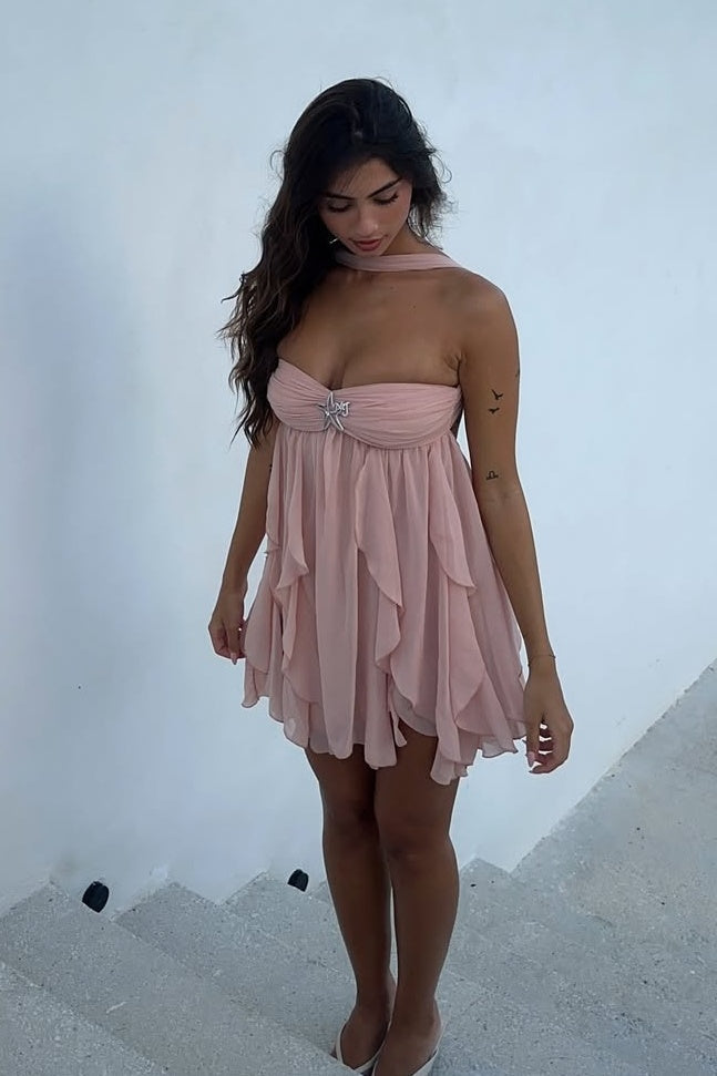 Chic A Line Sweetheart Pink Short Party Dress with Ruffles - View 8 | VelvetHem
