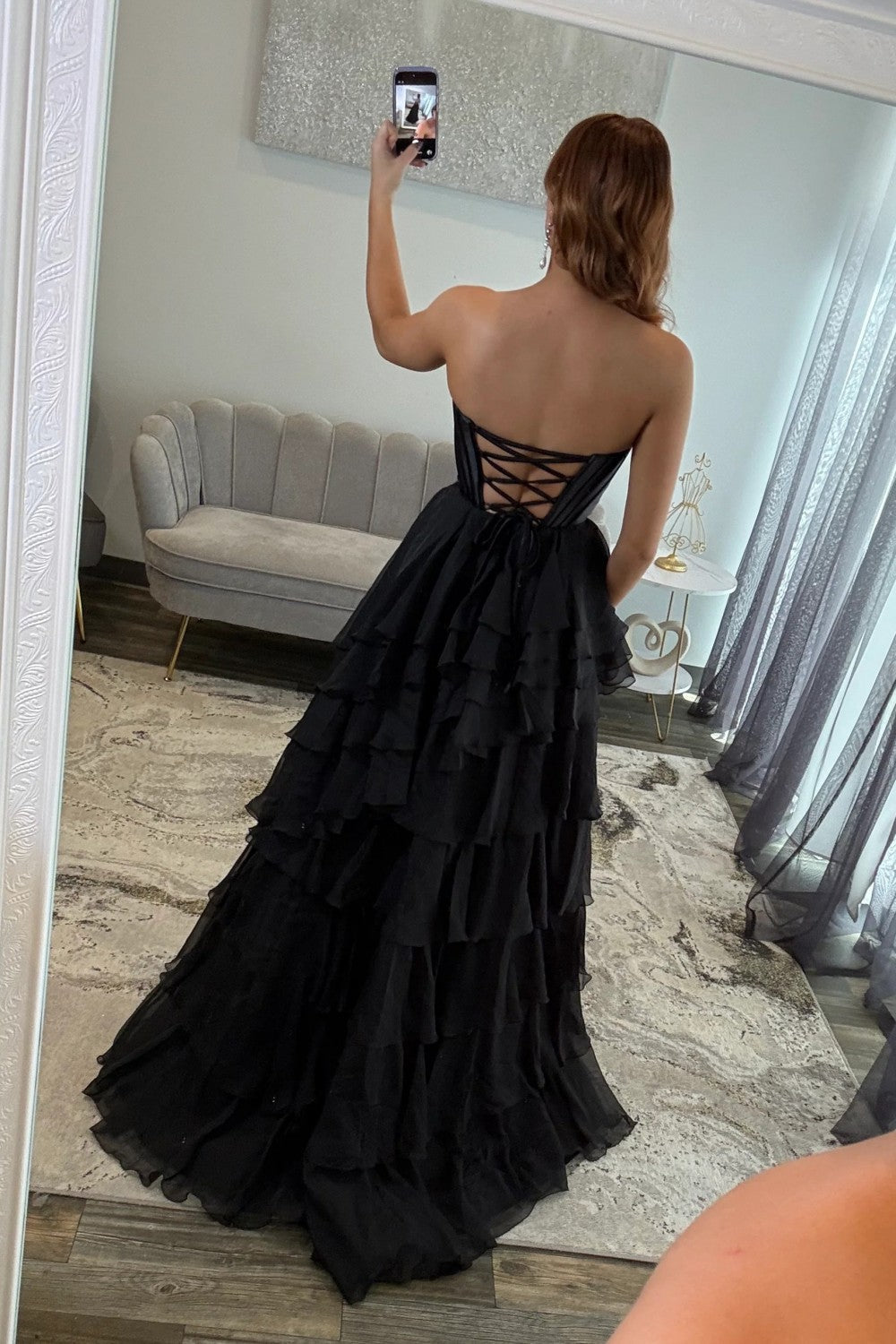 Elegant A Line Sweetheart Black Corset Prom Dress with Ruffles - View 2 | VelvetHem