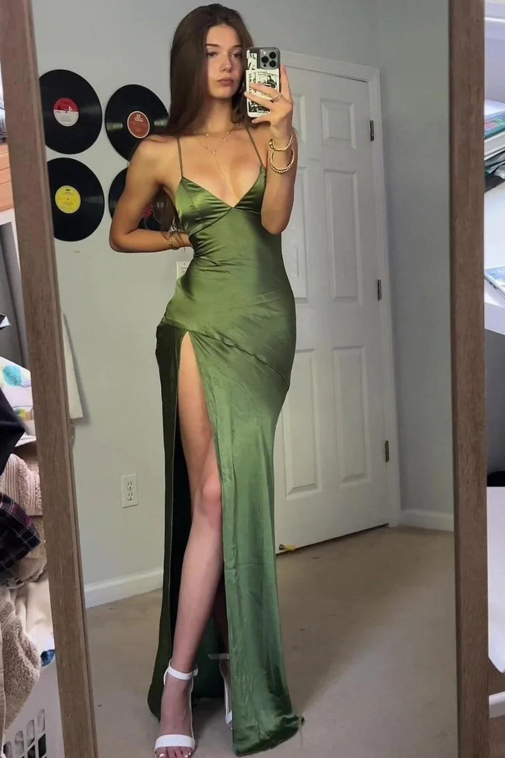 Simple Sheath Spaghetti Straps Green Long Party Dress with Split Front