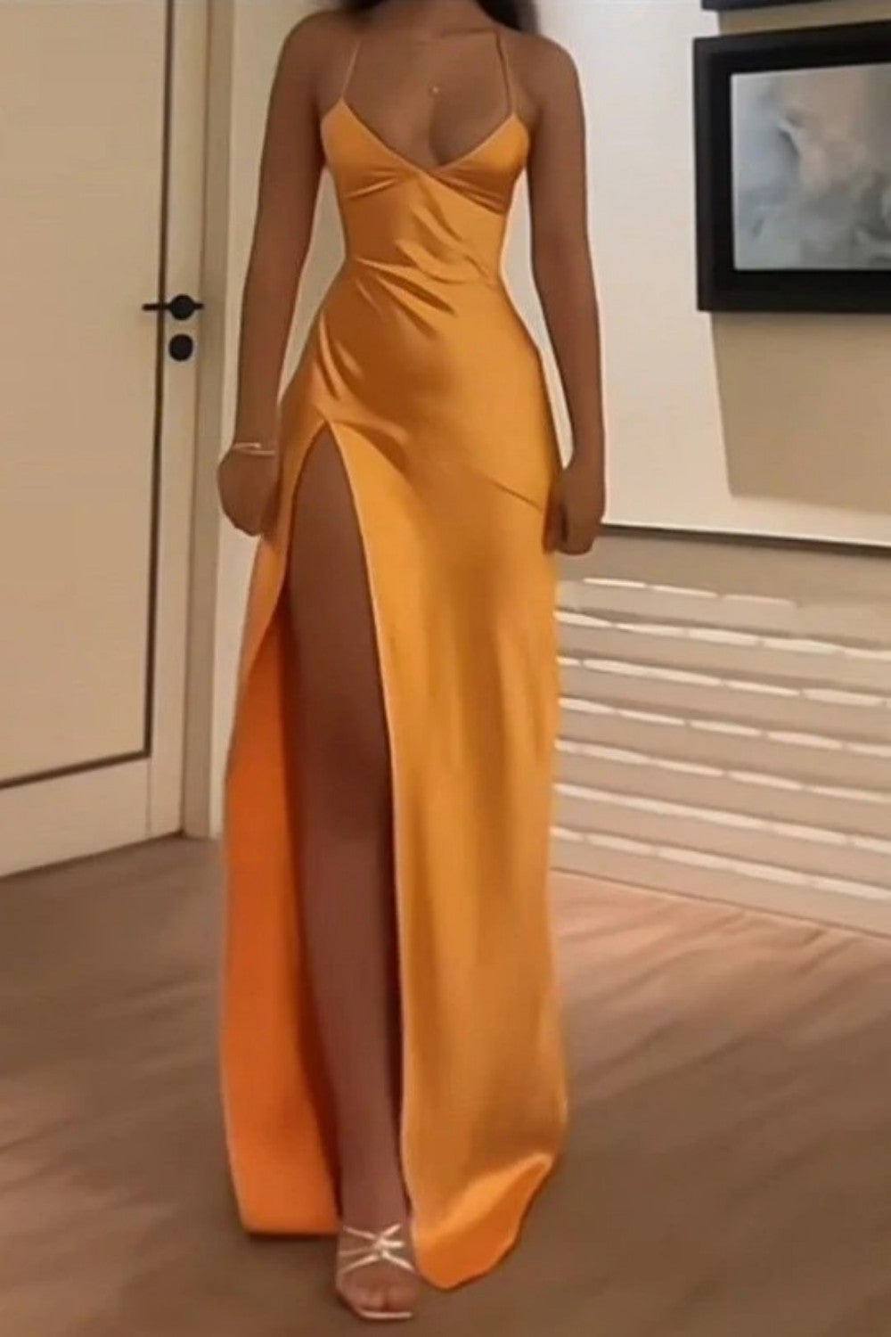 Simple Sheath Spaghetti Straps Green Long Party Dress with Split Front