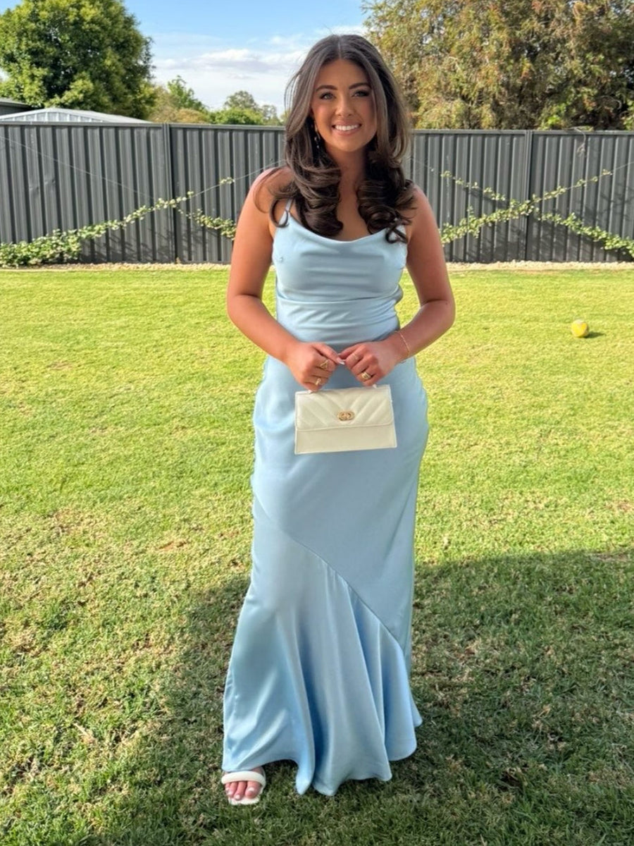 Chic Light Blue Satin Cowl Neck Mermaid Prom Dress - VelvetHem