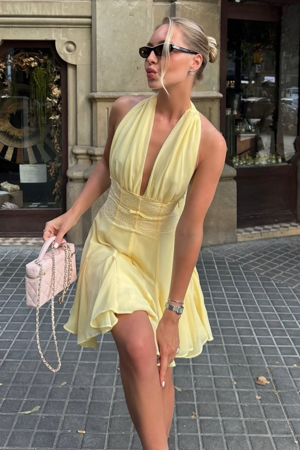 Chic Light Yellow Halter Homecoming Dress with Deep V-Neck and Flowy Skirt