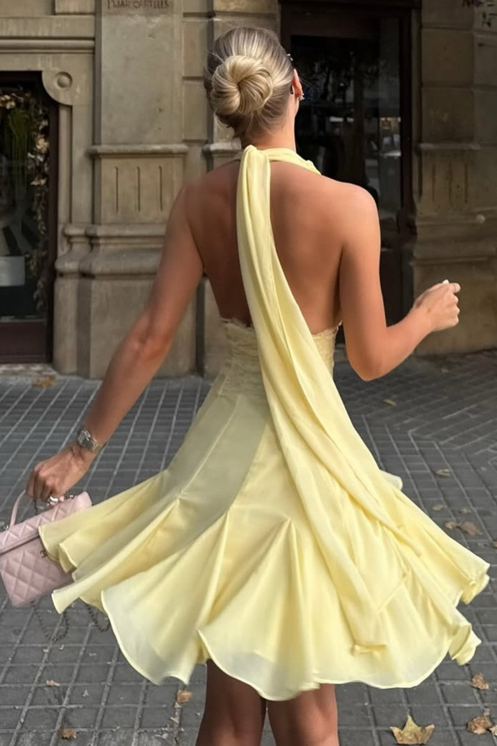 Chic Light Yellow Halter Homecoming Dress with Deep V-Neck and Flowy Skirt