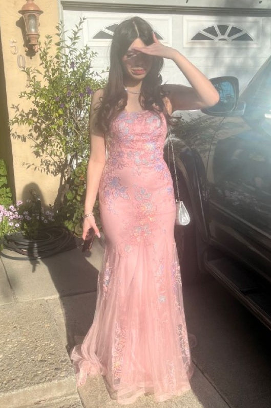 Chic Mermaid Spaghetti Straps Light Pink Long Prom Dress with Appliques