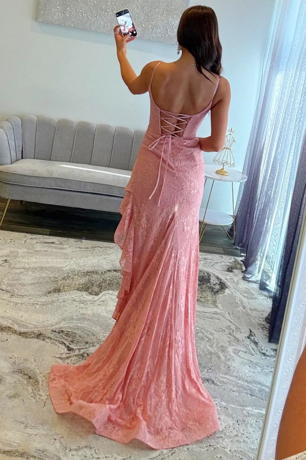 Chic Sheath Spaghetti Straps Pink Lace Prom Dress with Criss Cross Back - View 2 | VelvetHem