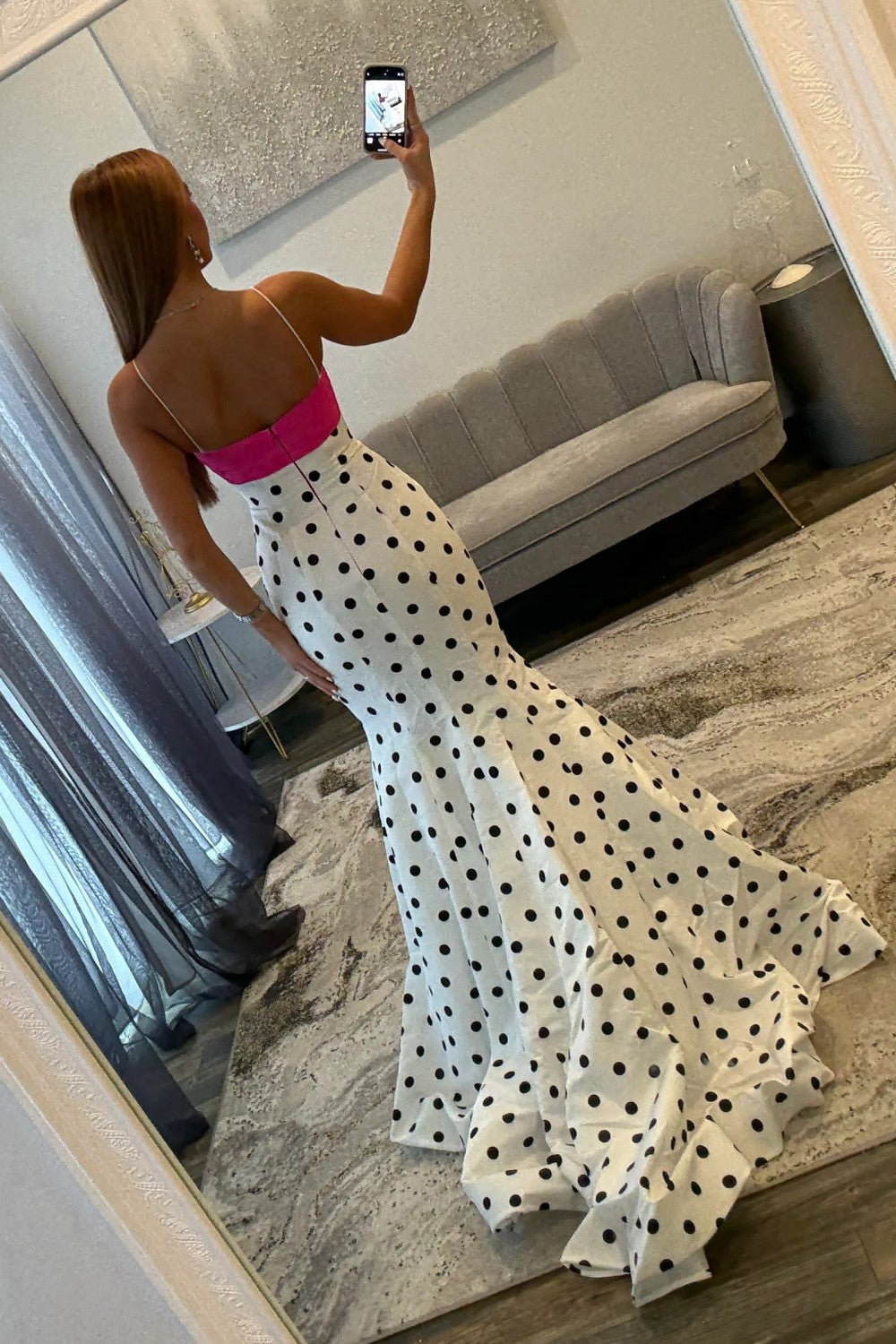 Pretty Mermaid Spaghetti Straps White Polka Dots Long Prom Dress with Bowknot