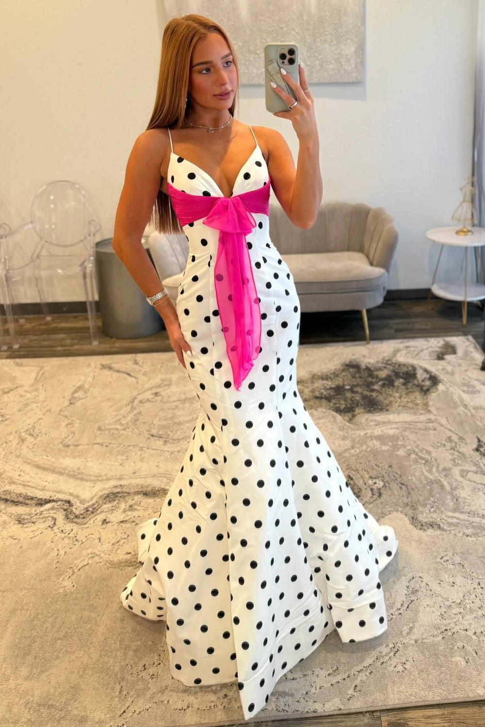 Pretty Mermaid Spaghetti Straps White Polka Dots Long Prom Dress with Bowknot