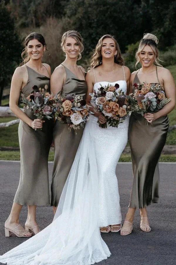 Chic Satin Sheath Bridesmaid Dresses Tea-length Short Gowns (ZD13280) - VelvetHem