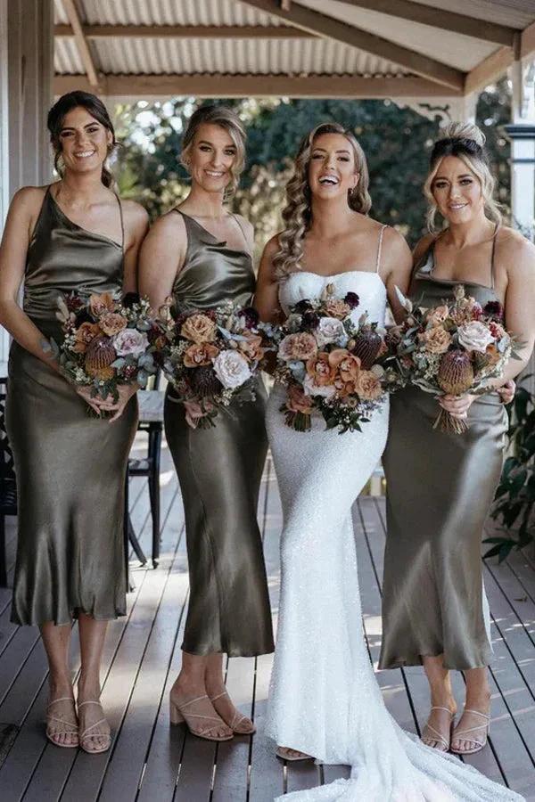 Chic Satin Sheath Bridesmaid Dresses Tea-length Short Gowns (ZD13280)