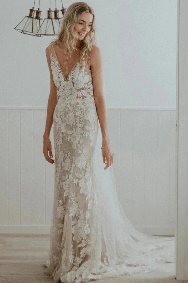 Chic Sheath Column V Neck Floral Lace Rustic Wedding Dress Bridal Gown WD658 by pgmdress