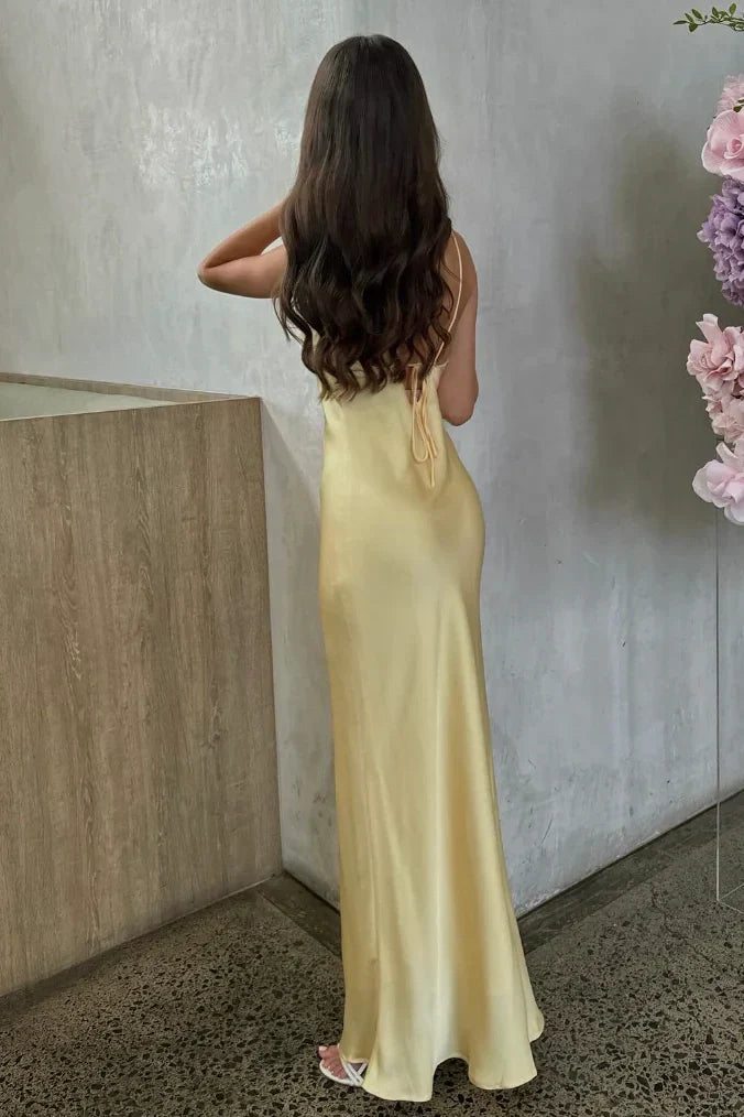 Chic Sheath Halter Neck Light Yellow Long Party Dress with Open Back