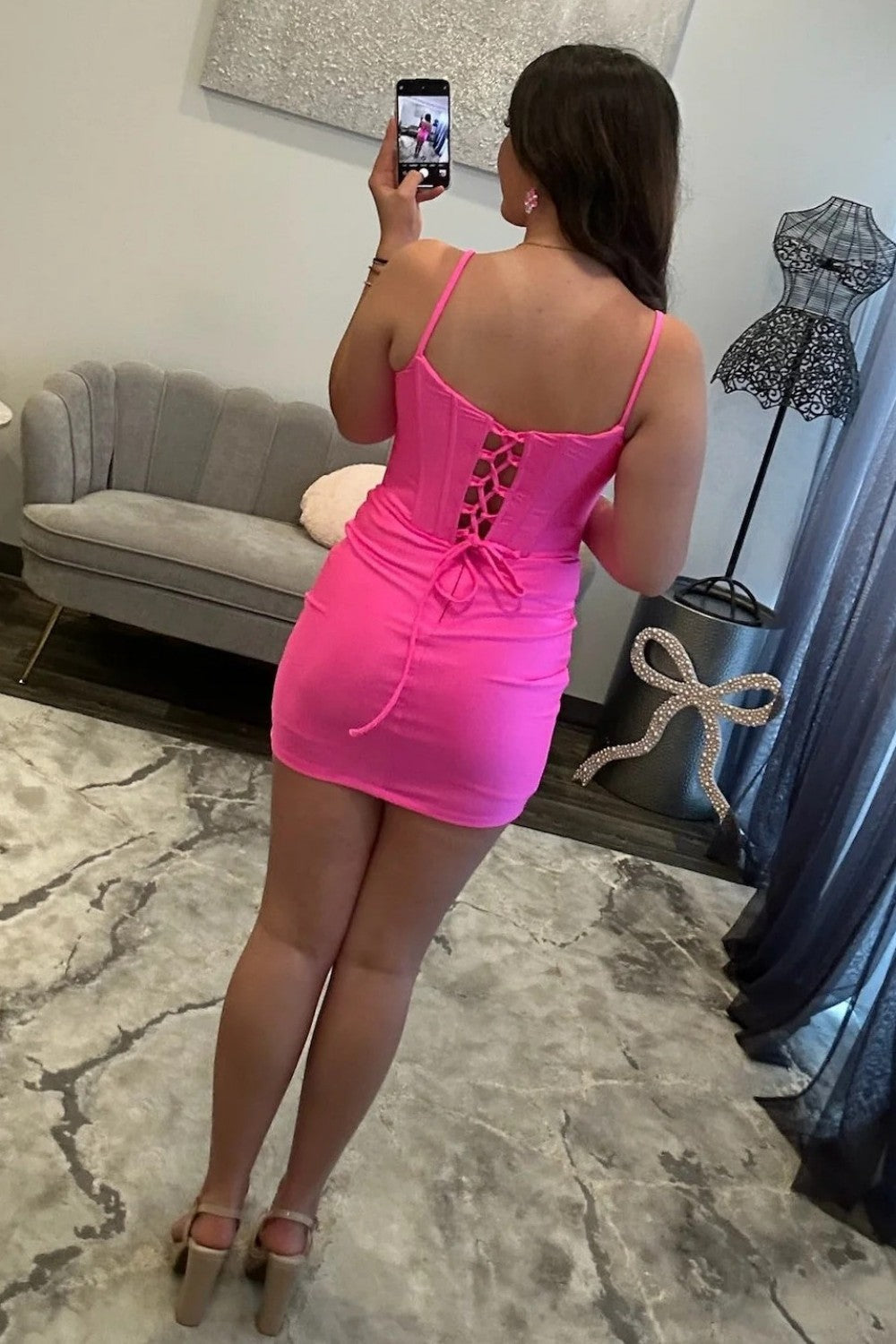 Chic Sheath Spaghetti Straps Brown Corset Homecoming Dress with Criss Cross Back