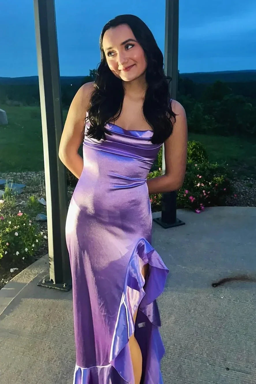 Chic Sheath Spaghetti Straps Purple Long Prom Dress with Ruffles