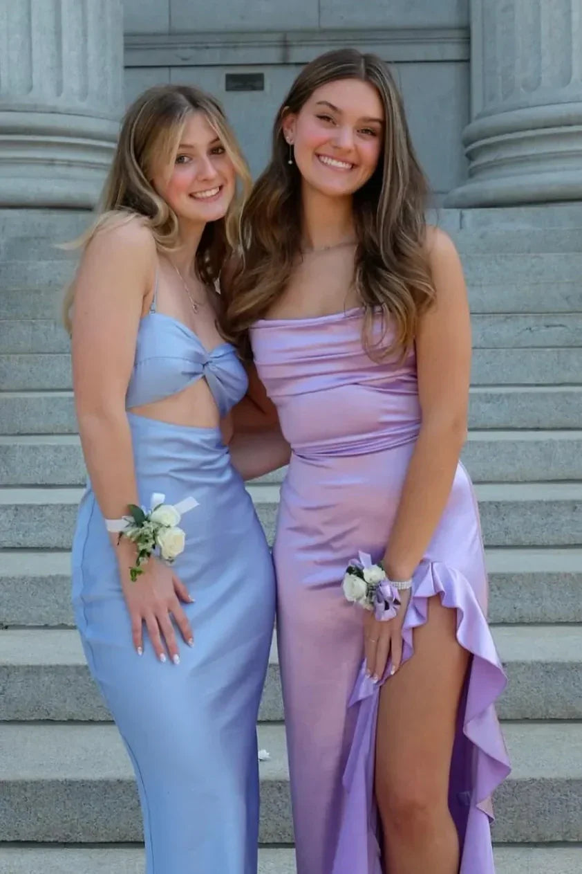 Chic Sheath Spaghetti Straps Purple Long Prom Dress with Ruffles