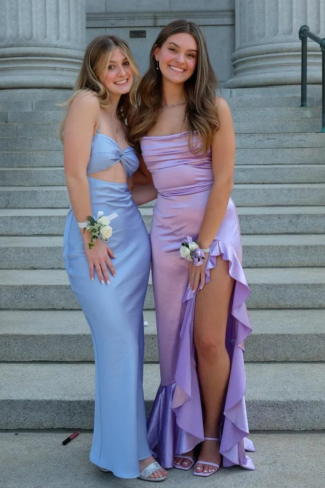 Chic Sheath Spaghetti Straps Purple Long Prom Dress with Ruffles