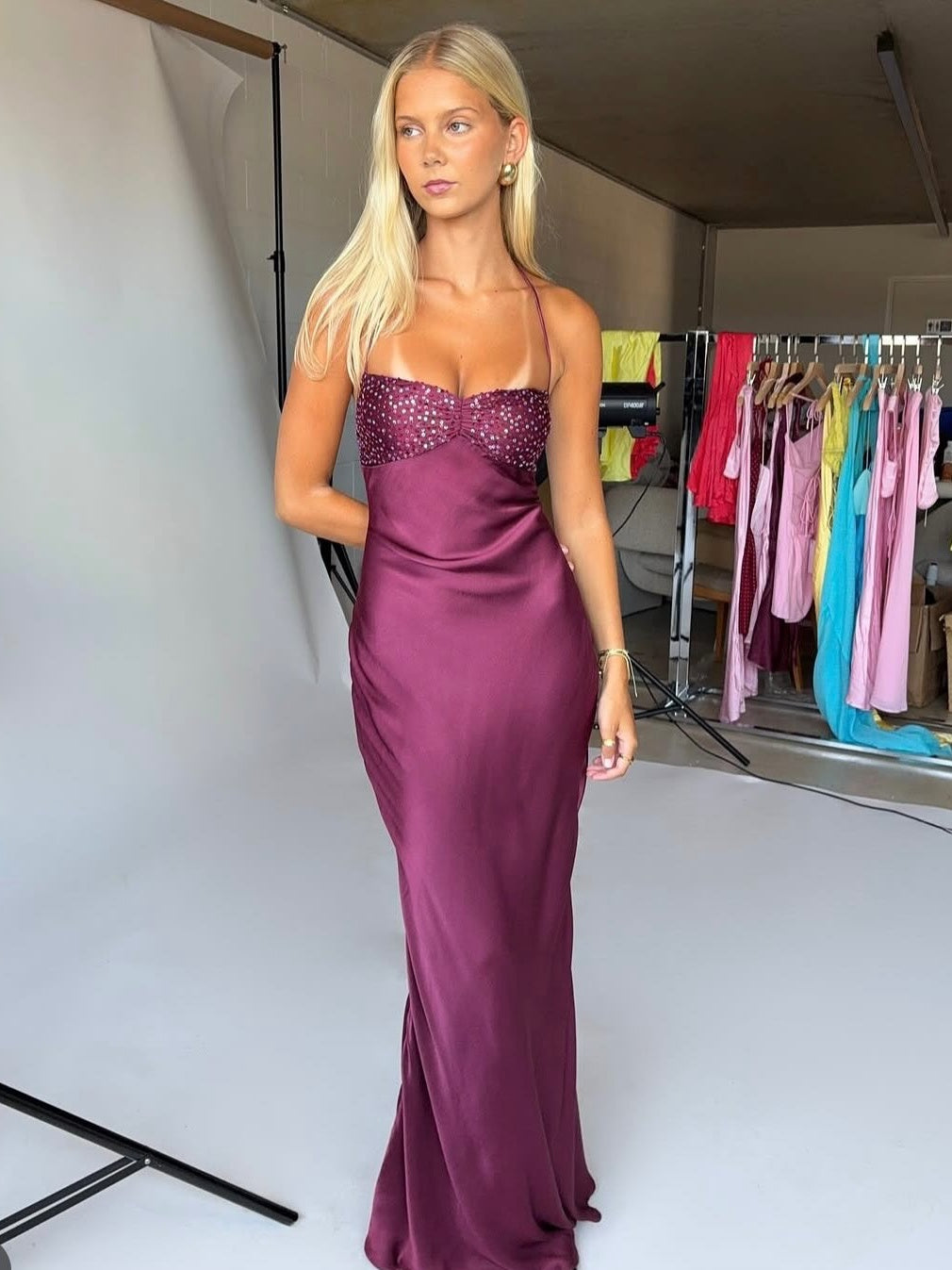 Chic Sheath Spaghetti Straps Purple Long Prom Dress with Sequins