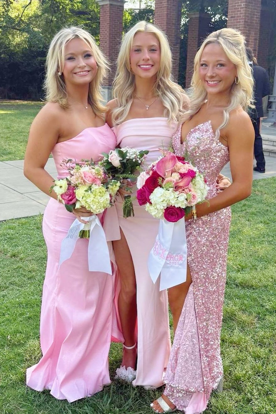 Chic Sheath Strapless Pink Long Prom Dress with Ruched