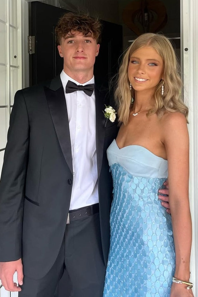 Chic Sheath Sweetheart Blue Long Prom Dress with Sequins - View 2 | VelvetHem