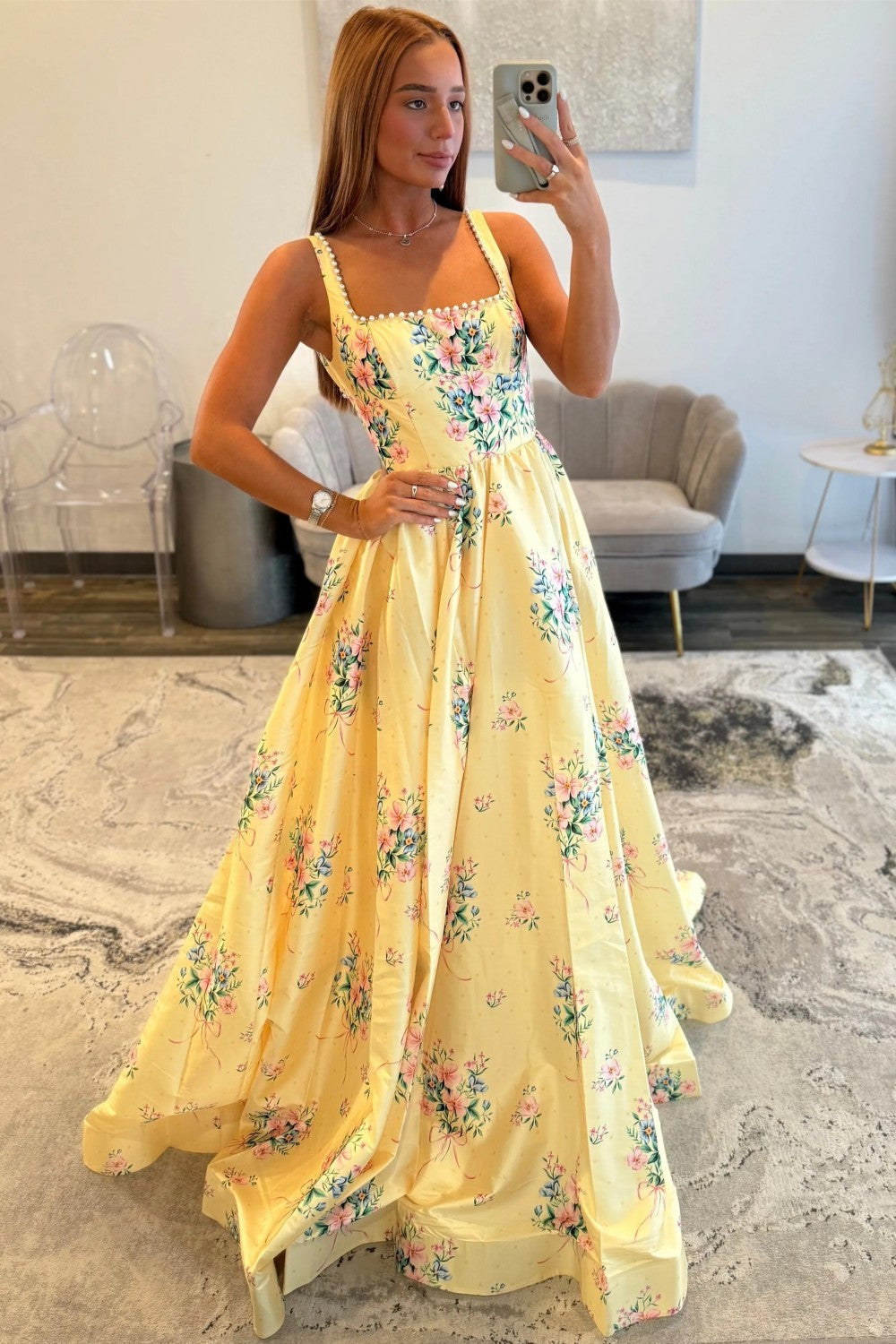 Charming A Line Square Neck Yellow Long Prom Dress with Pearls
