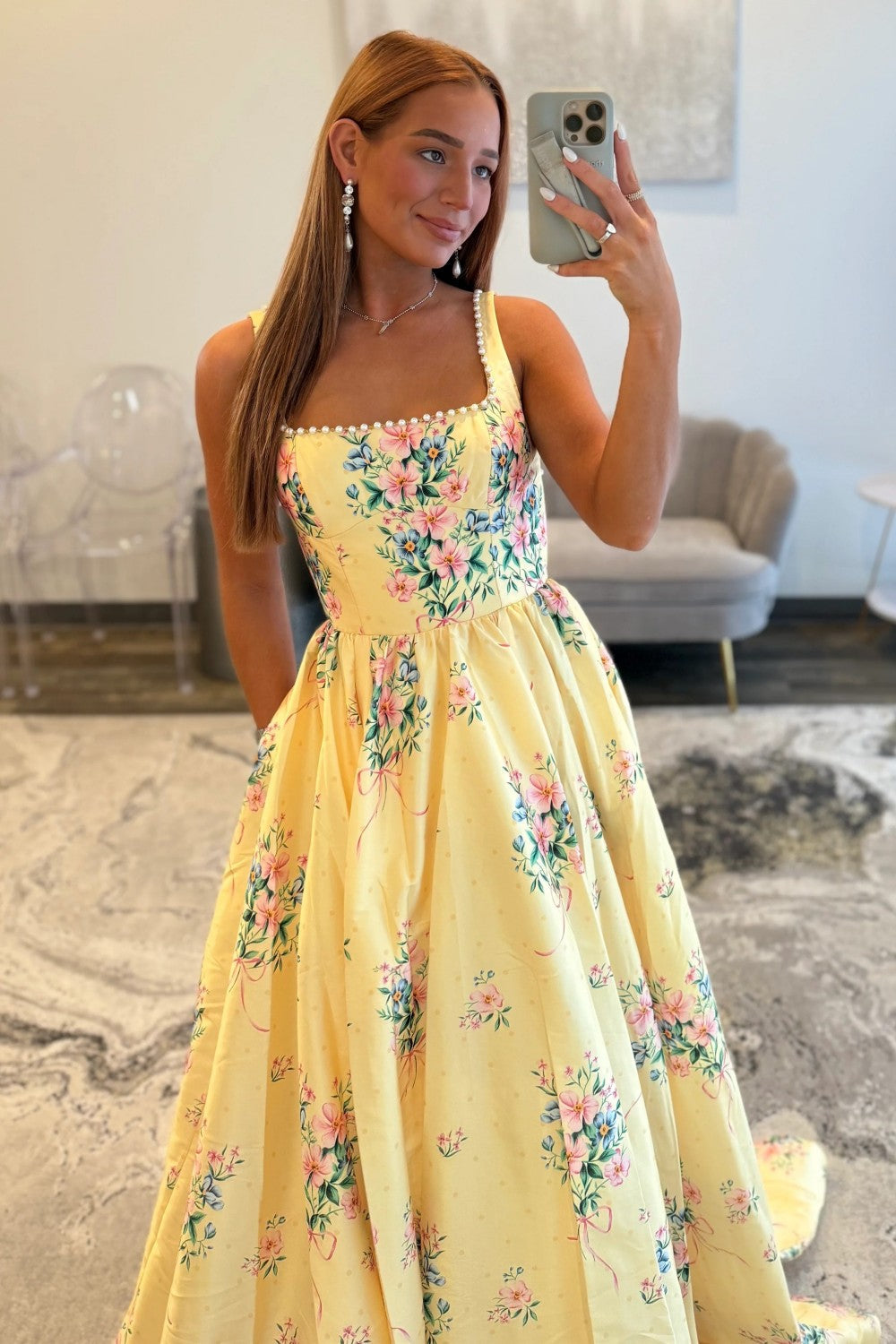 Charming A Line Square Neck Yellow Long Prom Dress with Pearls