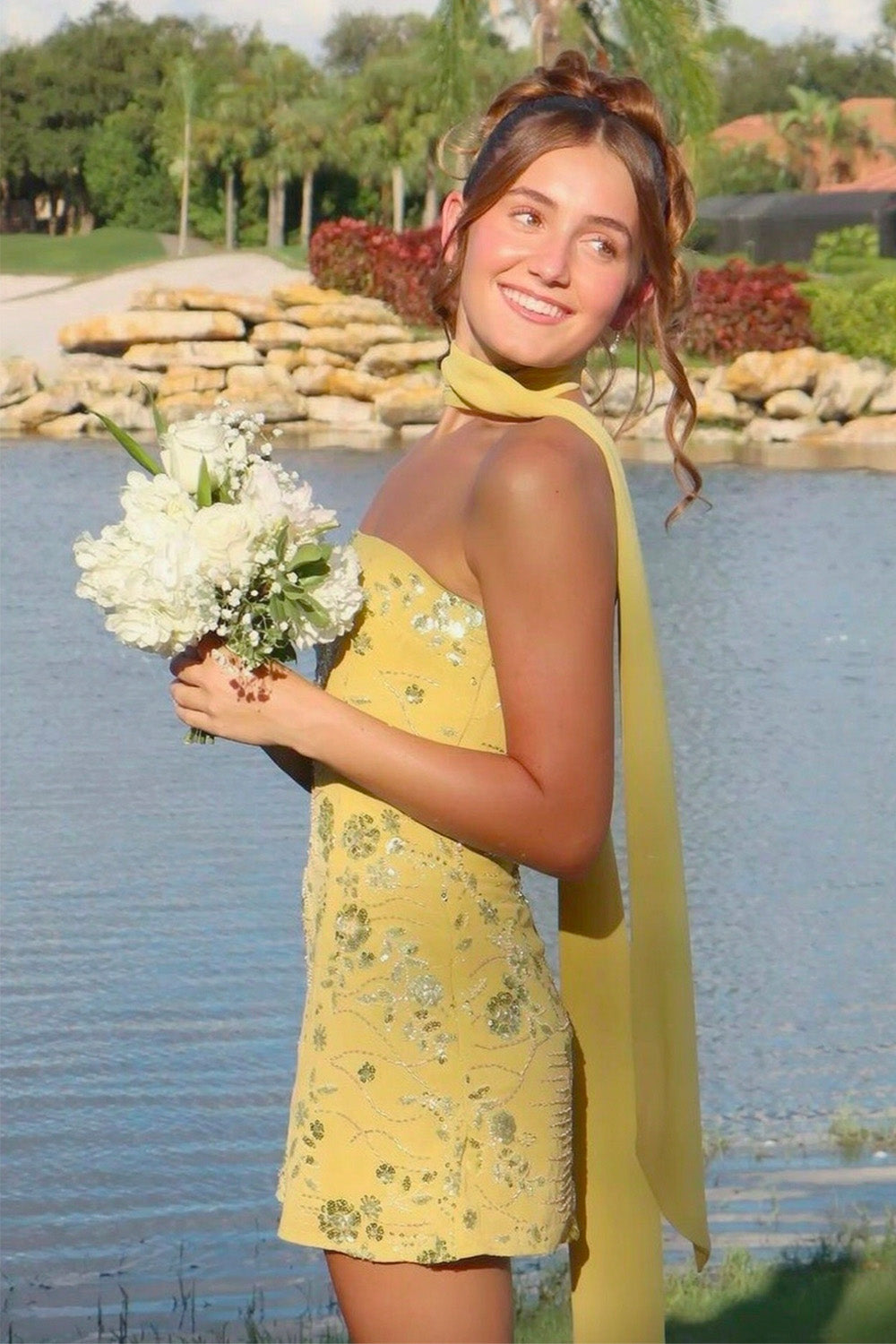Chic A Line Strapless Light Green Short Homecoming Dress with Beading Scarf