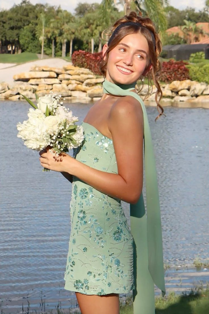 Chic A Line Strapless Light Green Short Homecoming Dress with Beading Scarf