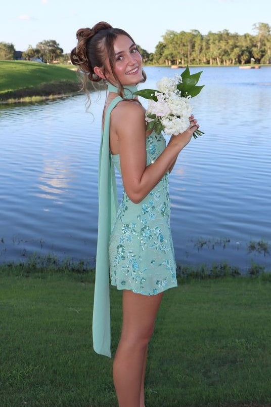 Chic A Line Strapless Light Green Short Homecoming Dress with Beading Scarf