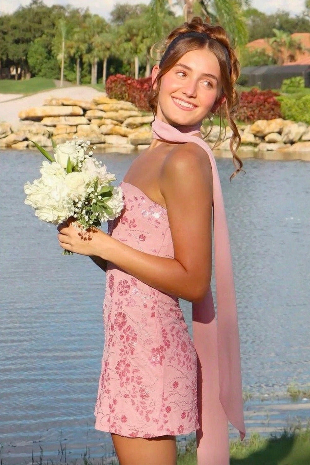 Chic A Line Strapless Light Green Short Homecoming Dress with Beading Scarf