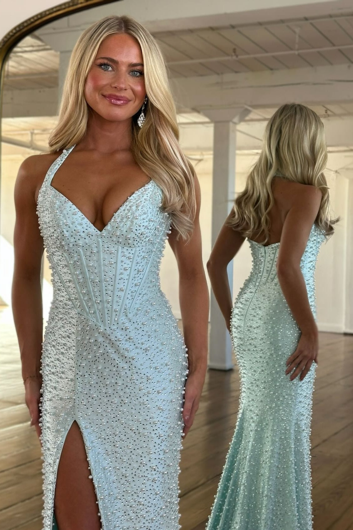 Chic Mermaid Halter Neck Blue Corset Prom Dress with Pearls Split Front