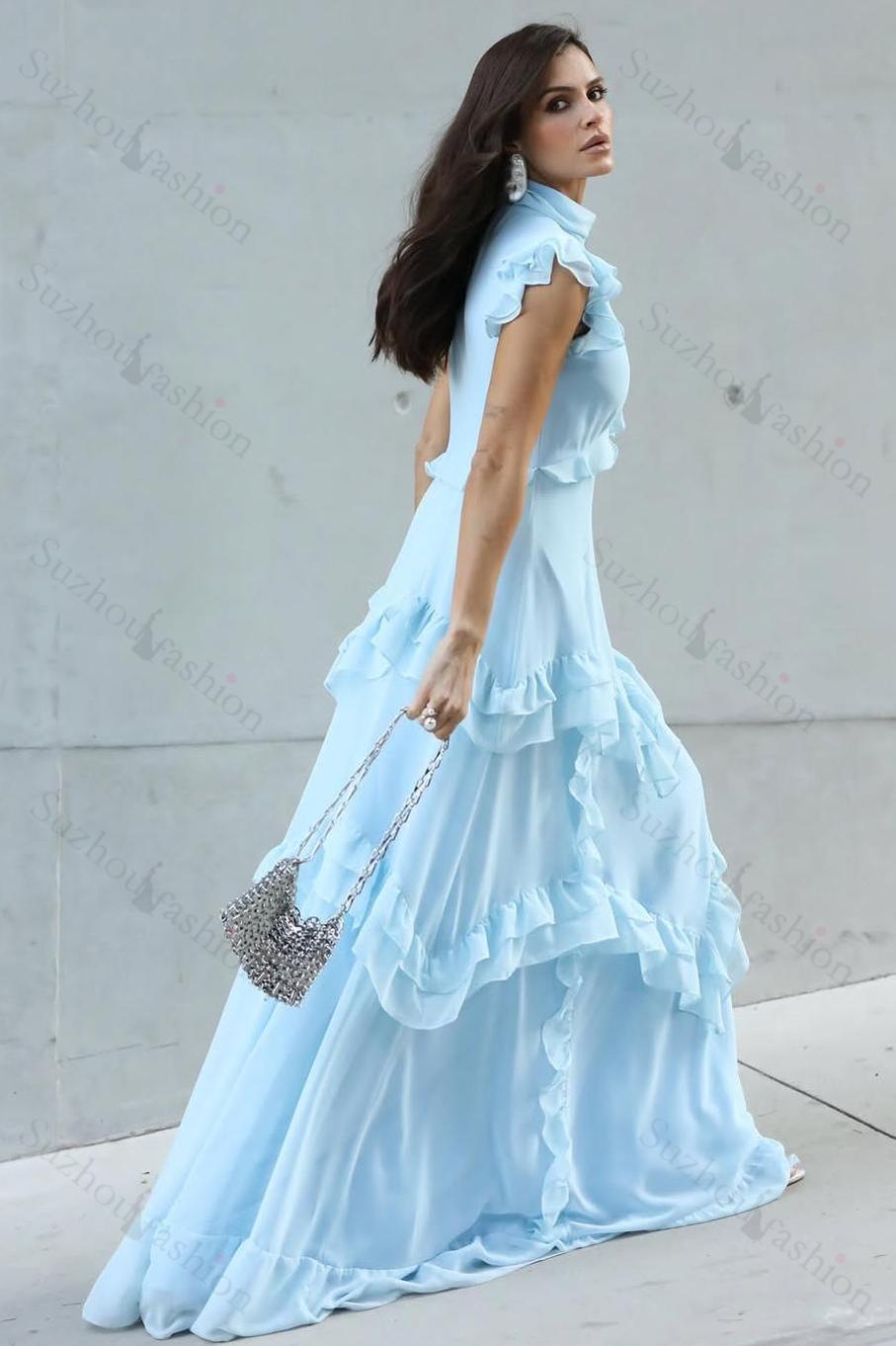 Chiffon High Neck Sleeveless Long Evening Formal Dress With Ruffled